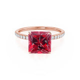 MACY - Chatham® Princess Ruby 18k Rose Gold Petite Pavé Shoulder Set Ring