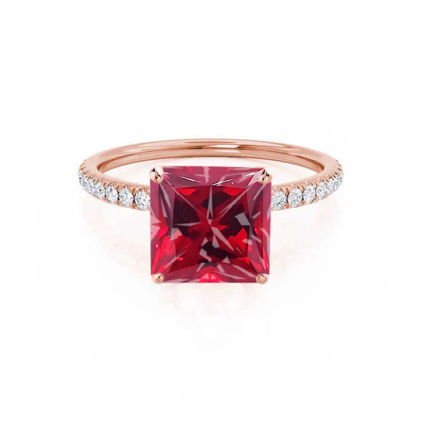 MACY - Chatham® Princess Ruby 18k Rose Gold Petite Pavé Shoulder Set Ring