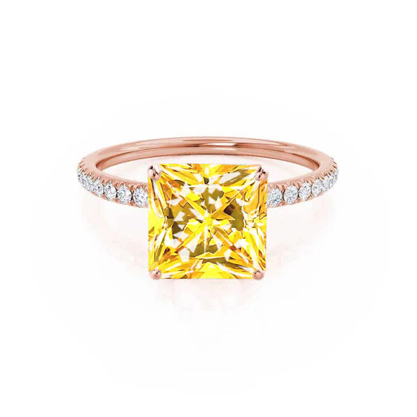 MACY - Chatham® Princess Yellow Sapphire 18k Rose Gold Petite Pavé Shoulder Set Ring