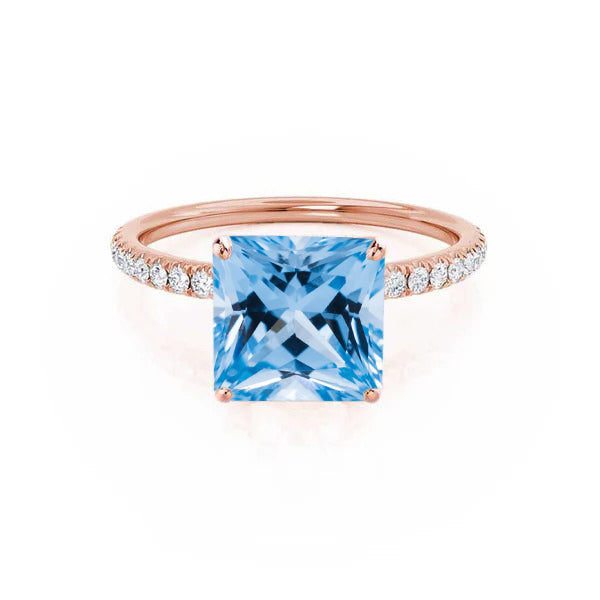 MACY - Chatham® Princess Aqua Spinel 18k Rose Gold Petite Pavé Shoulder Set Ring