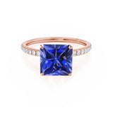 MACY - Chatham® Princess Blue Sapphire 18k Rose Gold Petite Pavé Shoulder Set Ring