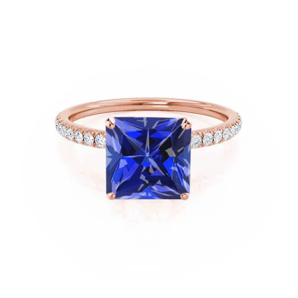 MACY - Chatham® Princess Blue Sapphire 18k Rose Gold Petite Pavé Shoulder Set Ring