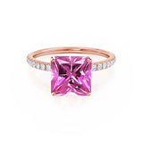 MACY - Chatham® Princess Pink Sapphire 18k Rose Gold Petite Pavé Shoulder Set Ring