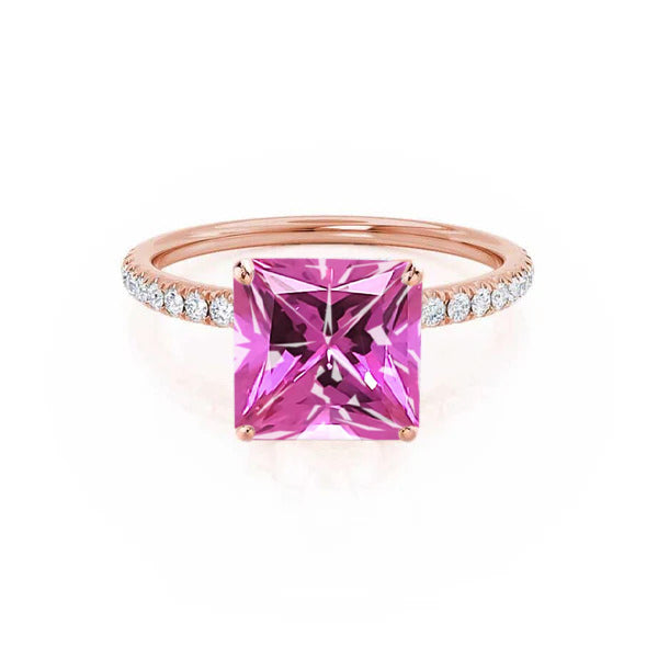 MACY - Chatham® Princess Pink Sapphire 18k Rose Gold Petite Pavé Shoulder Set Ring