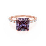 MACY - Chatham® Princess Alexandrite 18k Rose Gold Petite Pavé Shoulder Set Ring