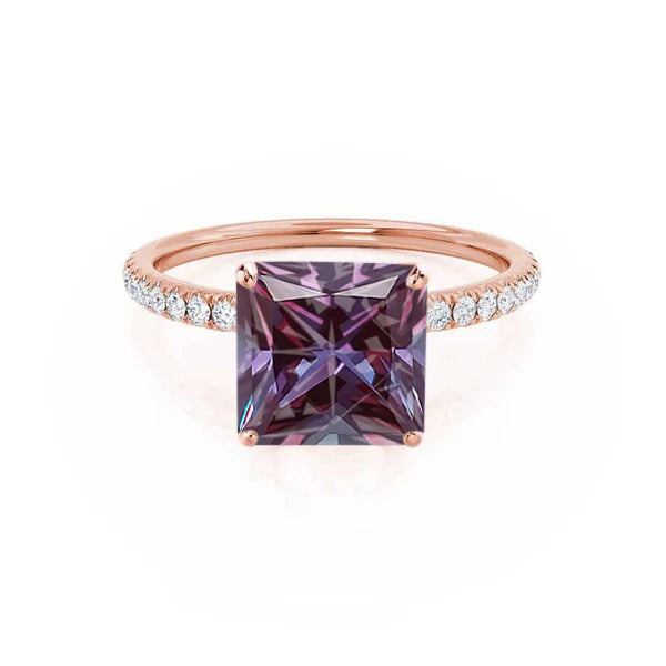 MACY - Chatham® Princess Alexandrite 18k Rose Gold Petite Pavé Shoulder Set Ring