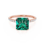MACY - Chatham® Princess Emerald 18k Rose Gold Petite Pavé Shoulder Set Ring