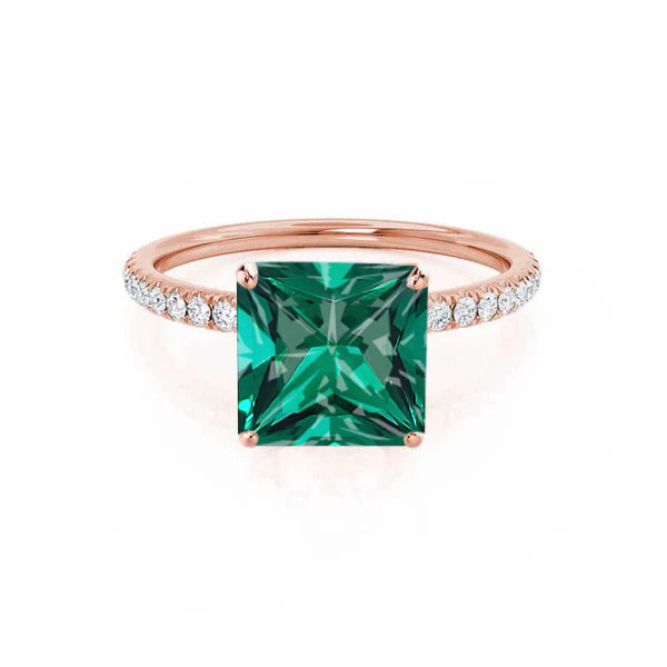 MACY - Chatham® Princess Emerald 18k Rose Gold Petite Pavé Shoulder Set Ring
