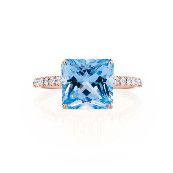 MACY - Chatham® Princess Aqua Spinel 18k Rose Gold Petite Pavé Shoulder Set Ring