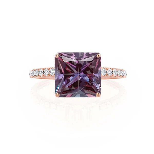 MACY - Chatham® Princess Alexandrite 18k Rose Gold Petite Pavé Shoulder Set Ring