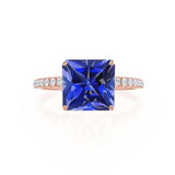 MACY - Chatham® Princess Blue Sapphire 18k Rose Gold Petite Pavé Shoulder Set Ring
