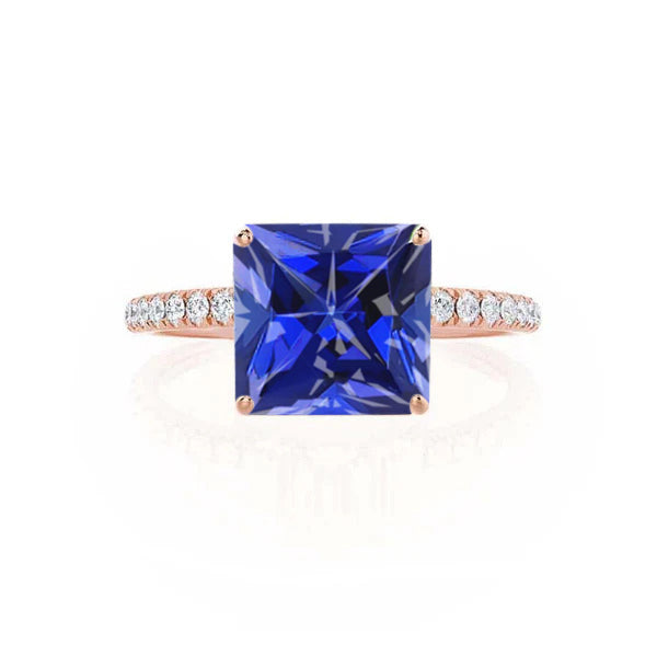 MACY - Chatham® Princess Blue Sapphire 18k Rose Gold Petite Pavé Shoulder Set Ring