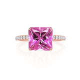 MACY - Chatham® Princess Pink Sapphire 18k Rose Gold Petite Pavé Shoulder Set Ring