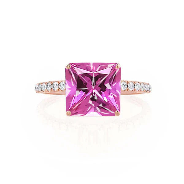 MACY - Chatham® Princess Pink Sapphire 18k Rose Gold Petite Pavé Shoulder Set Ring