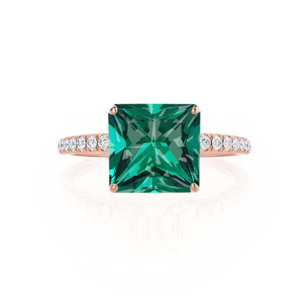 MACY - Chatham® Princess Emerald 18k Rose Gold Petite Pavé Shoulder Set Ring
