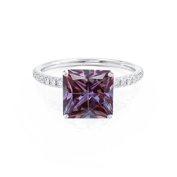 MACY - Chatham® Princess Alexandrite 18k White Gold Petite Pavé Shoulder Set Ring