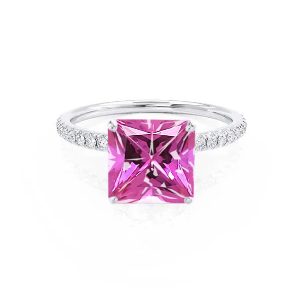 MACY - Chatham® Princess Pink Sapphire 950 Platinum Petite Pavé Shoulder Set Ring