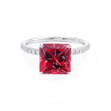 MACY - Chatham® Princess Ruby 18k White Gold Petite Pavé Shoulder Set Ring