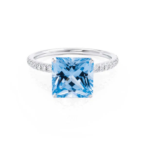MACY - Chatham® Princess Aqua Spinel 18k White Gold Petite Pavé Shoulder Set Ring
