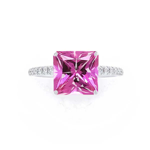 MACY - Chatham® Princess Pink Sapphire 950 Platinum Petite Pavé Shoulder Set Ring