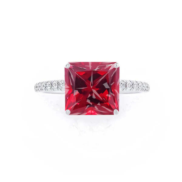 MACY - Chatham® Princess Ruby 18k White Gold Petite Pavé Shoulder Set Ring