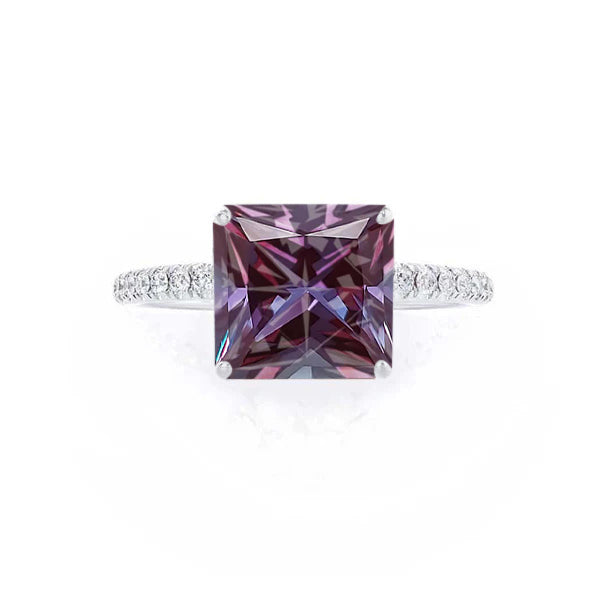 MACY - Chatham® Princess Alexandrite 18k White Gold Petite Pavé Shoulder Set Ring