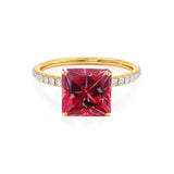 MACY - Chatham® Princess Ruby 18k Yellow Gold Petite Pavé Shoulder Set Ring