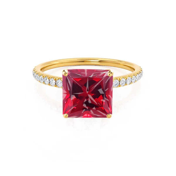 MACY - Chatham® Princess Ruby 18k Yellow Gold Petite Pavé Shoulder Set Ring