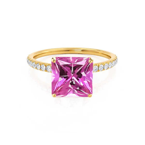 MACY - Chatham® Princess Pink Sapphire 18k Yellow Gold Petite Pavé Shoulder Set Ring