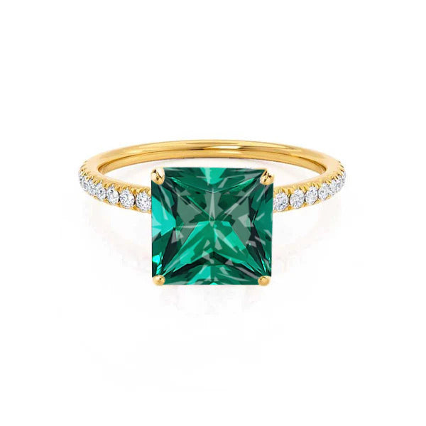 MACY - Chatham® Princess Emerald 18k Yellow Gold Petite Pavé Shoulder Set Ring