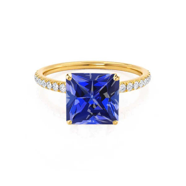 MACY - Chatham® Princess Blue Sapphire 18k Yellow Gold Petite Pavé Shoulder Set Ring