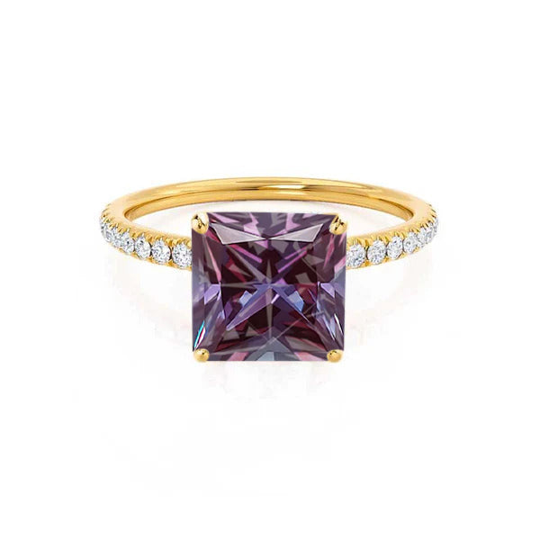 MACY - Chatham® Princess Alexandrite 18k Yellow Gold Petite Pavé Shoulder Set Ring