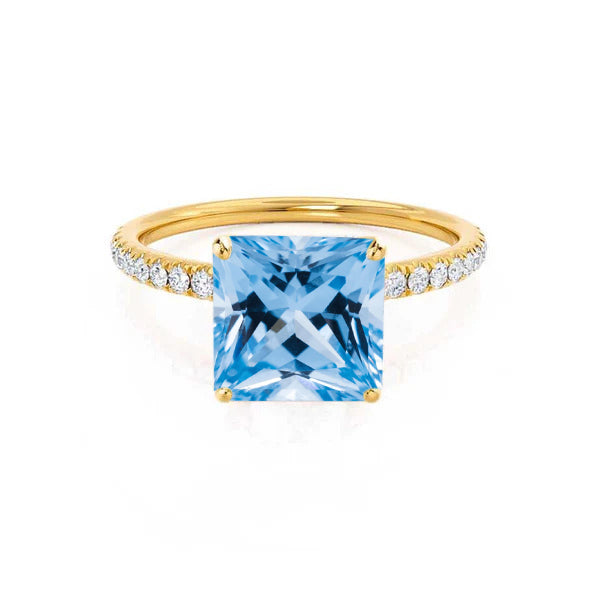 MACY - Chatham® Princess Aqua Spinel 18k Yellow Gold Petite Pavé Shoulder Set Ring