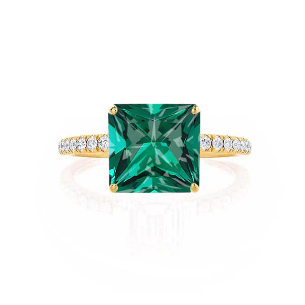 MACY - Chatham® Princess Emerald 18k Yellow Gold Petite Pavé Shoulder Set Ring
