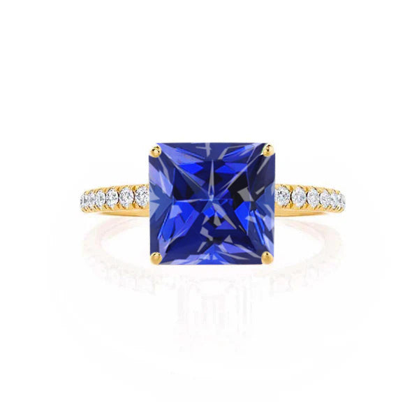 MACY - Chatham® Princess Blue Sapphire 18k Yellow Gold Petite Pavé Shoulder Set Ring