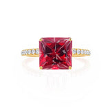 MACY - Chatham® Princess Ruby 18k Yellow Gold Petite Pavé Shoulder Set Ring