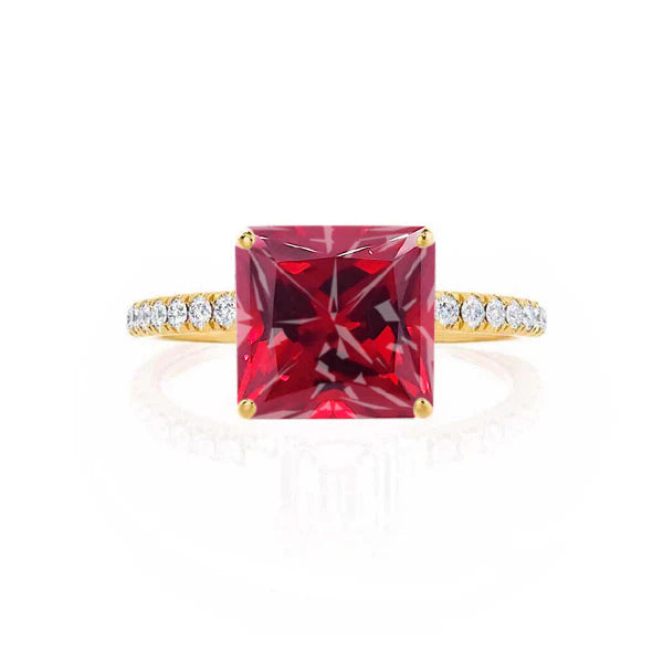 MACY - Chatham® Princess Ruby 18k Yellow Gold Petite Pavé Shoulder Set Ring