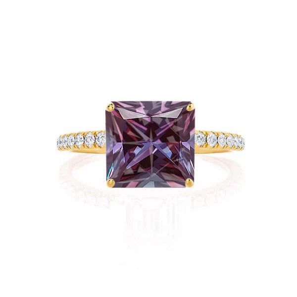 MACY - Chatham® Princess Alexandrite 18k Yellow Gold Petite Pavé Shoulder Set Ring