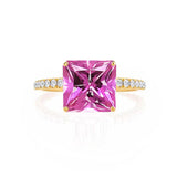MACY - Chatham® Princess Pink Sapphire 18k Yellow Gold Petite Pavé Shoulder Set Ring