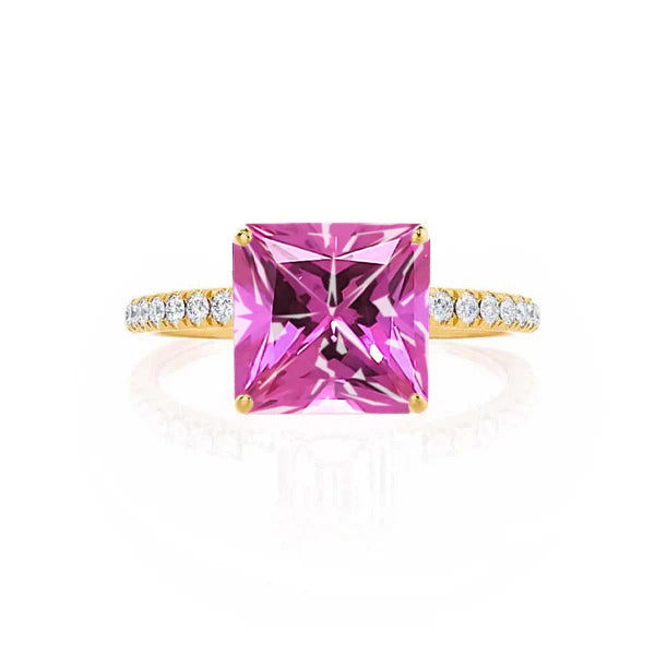 MACY - Chatham® Princess Pink Sapphire 18k Yellow Gold Petite Pavé Shoulder Set Ring