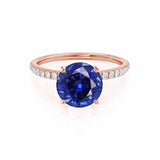 MACY - Chatham® Round Blue Sapphire 18k Rose Gold Petite Pavé Shoulder Set Ring