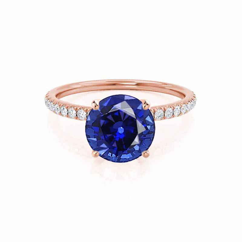 MACY - Chatham® Round Blue Sapphire 18k Rose Gold Petite Pavé Shoulder Set Ring