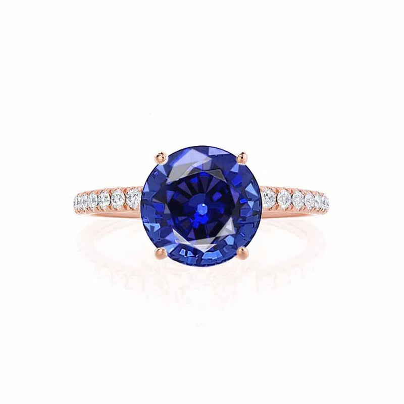 MACY - Chatham® Round Blue Sapphire 18k Rose Gold Petite Pavé Shoulder Set Ring