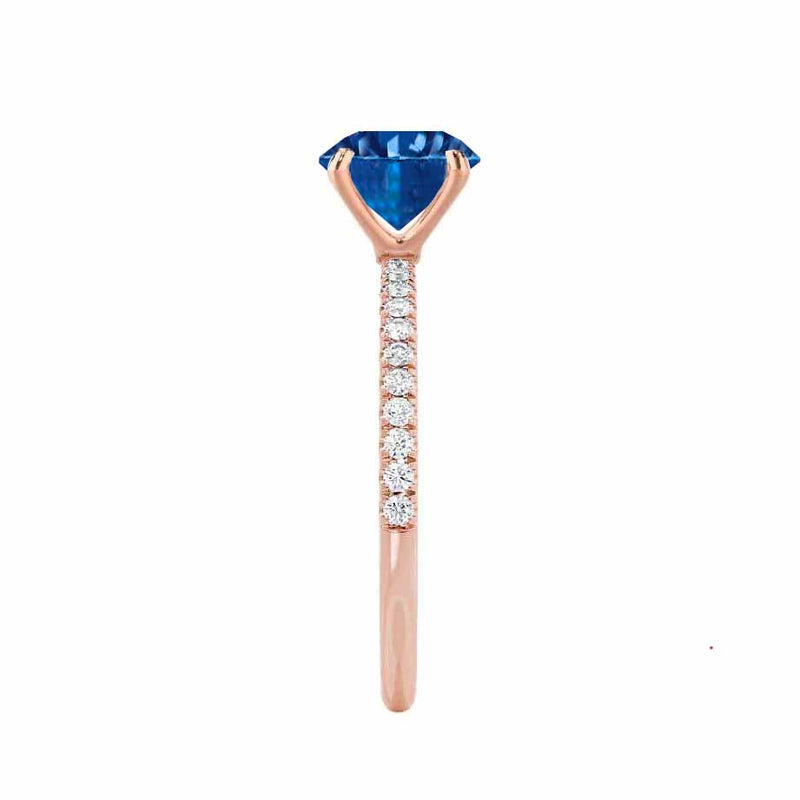 MACY - Chatham® Round Blue Sapphire 18k Rose Gold Petite Pavé Shoulder Set Ring