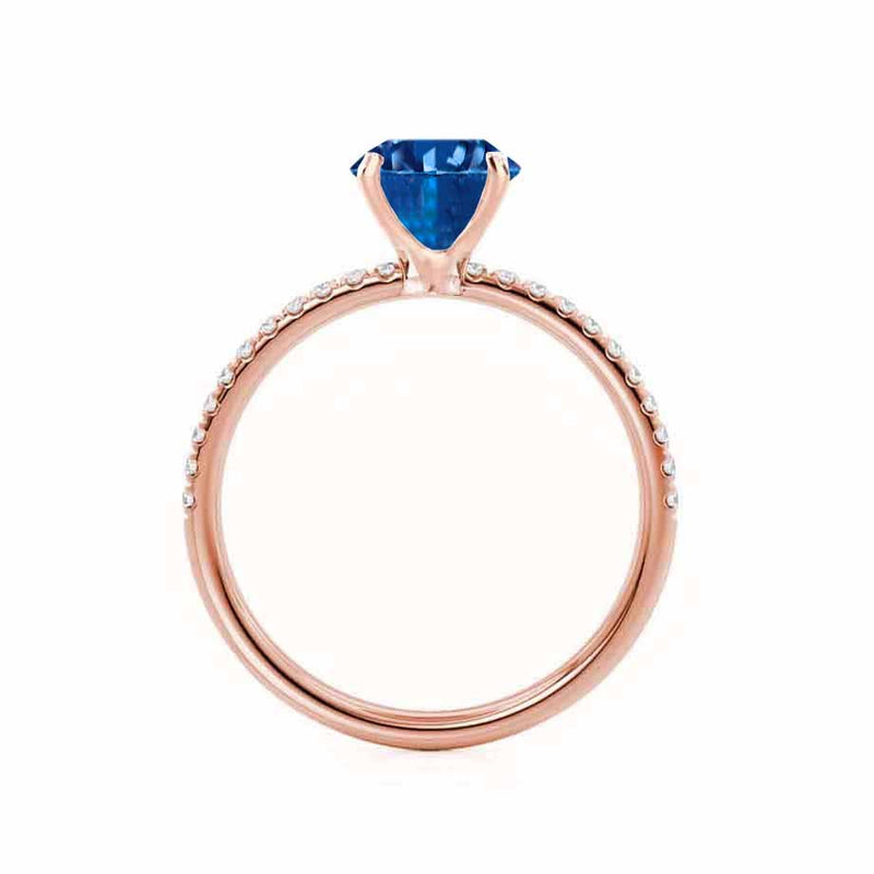 MACY - Chatham® Round Blue Sapphire 18k Rose Gold Petite Pavé Shoulder Set Ring