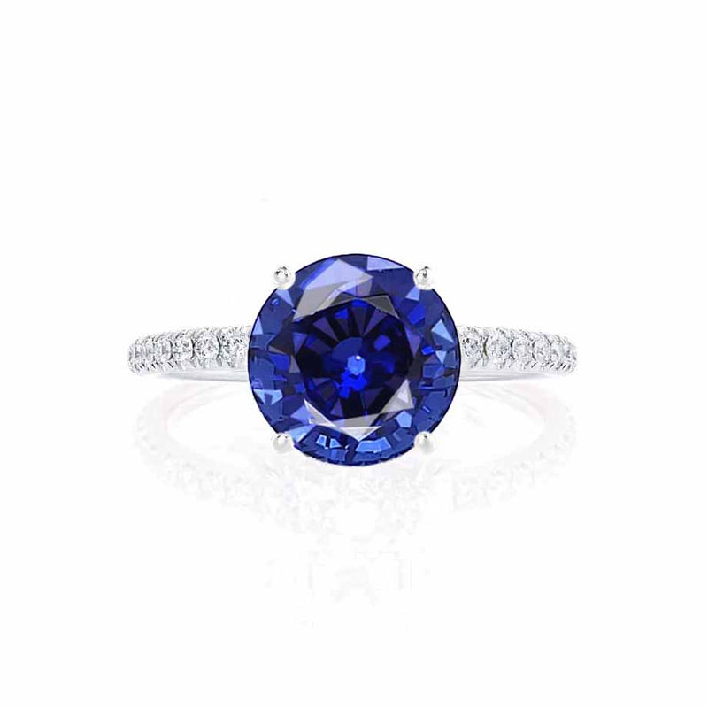 MACY - Chatham® Round Blue Sapphire 18k White Gold Petite Pavé Shoulder Set Ring