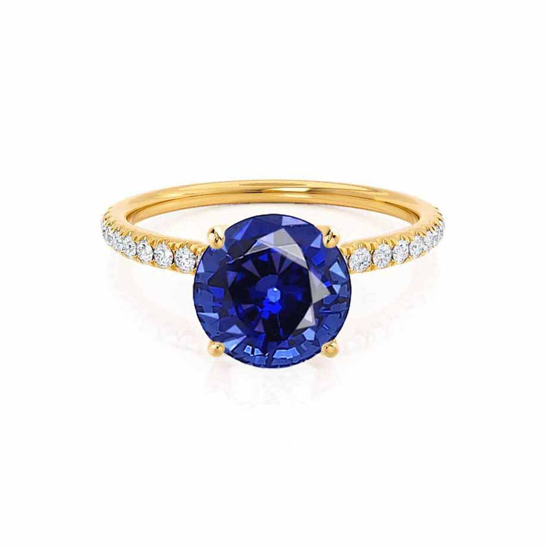 MACY - Chatham® Round Blue Sapphire 18k Yellow Gold Petite Pavé Shoulder Set Ring