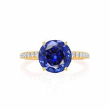 MACY - Chatham® Round Blue Sapphire 18k Yellow Gold Petite Pavé Shoulder Set Ring