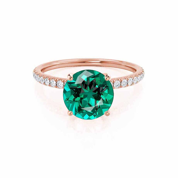 MACY - Chatham® Round Emerald 18k Rose Gold Petite Pavé Shoulder Set Ring