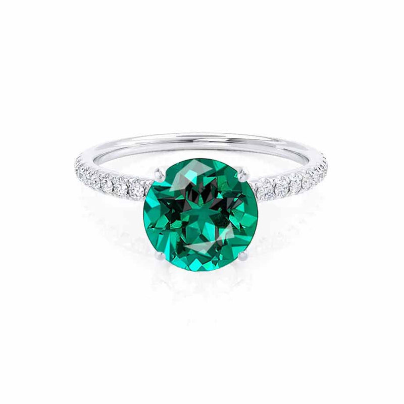 MACY - Chatham® Round Emerald 18k White Gold Petite Pavé Shoulder Set Ring